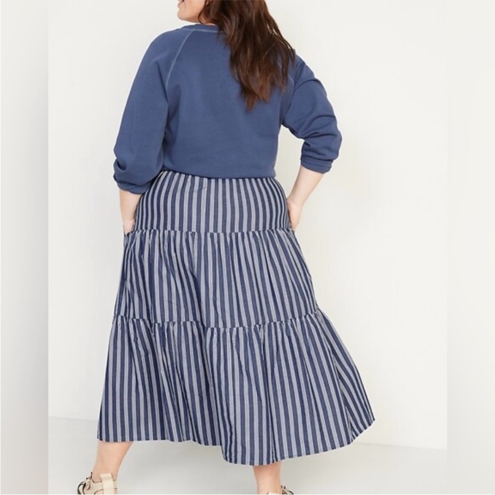 Cotton Vertical Striped Old Navy Pull On Midi Nautical Skirt With Pockets - Picture 3 of 12